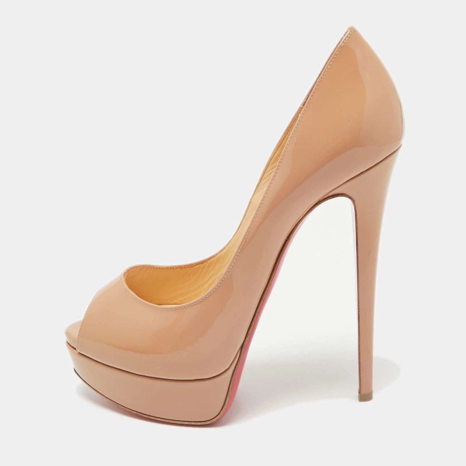 Christian Louboutin Beige Patent Leather Lady Peep Toe Platform Pumps