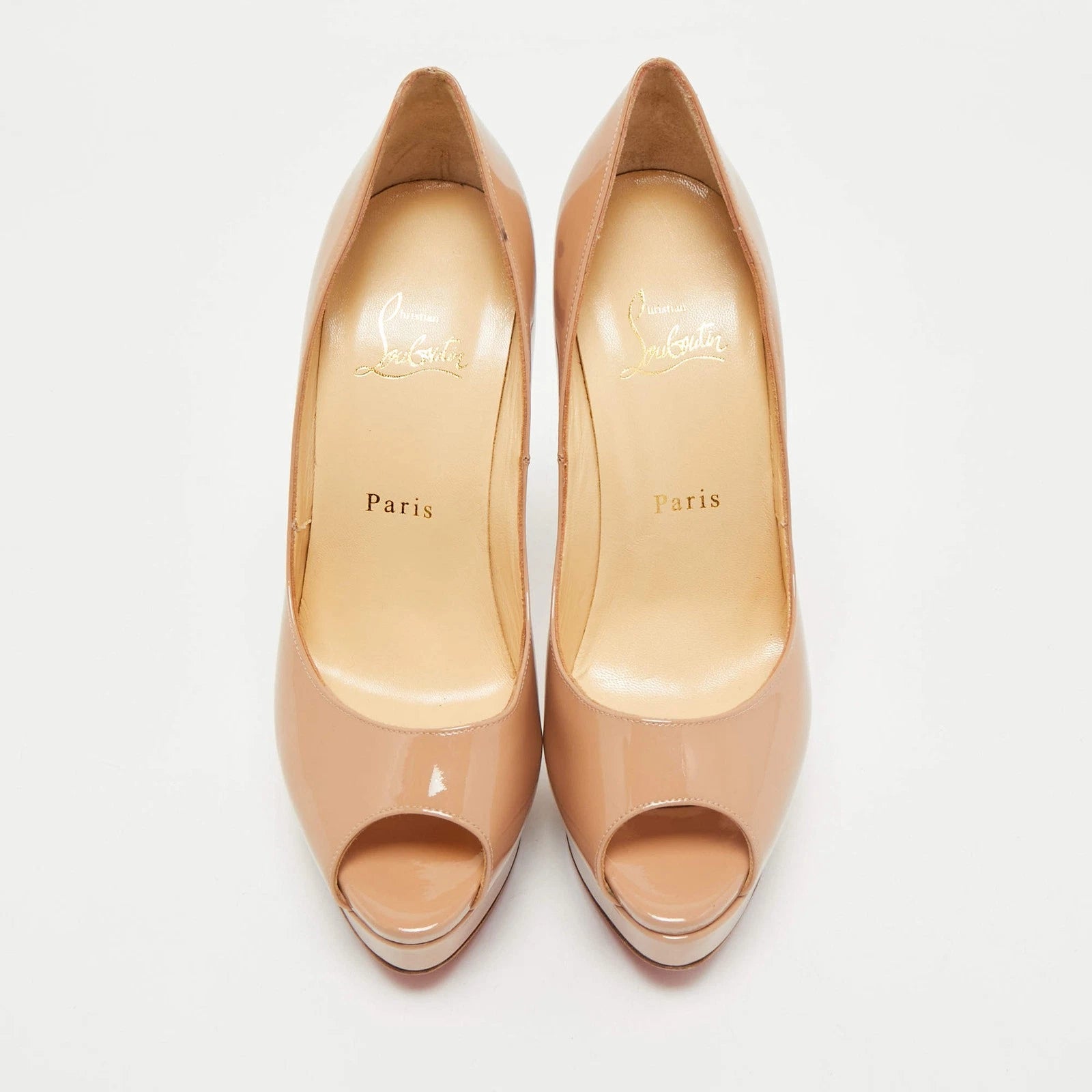 Christian Louboutin Beige Patent Leather Lady Peep Toe Platform Pumps
