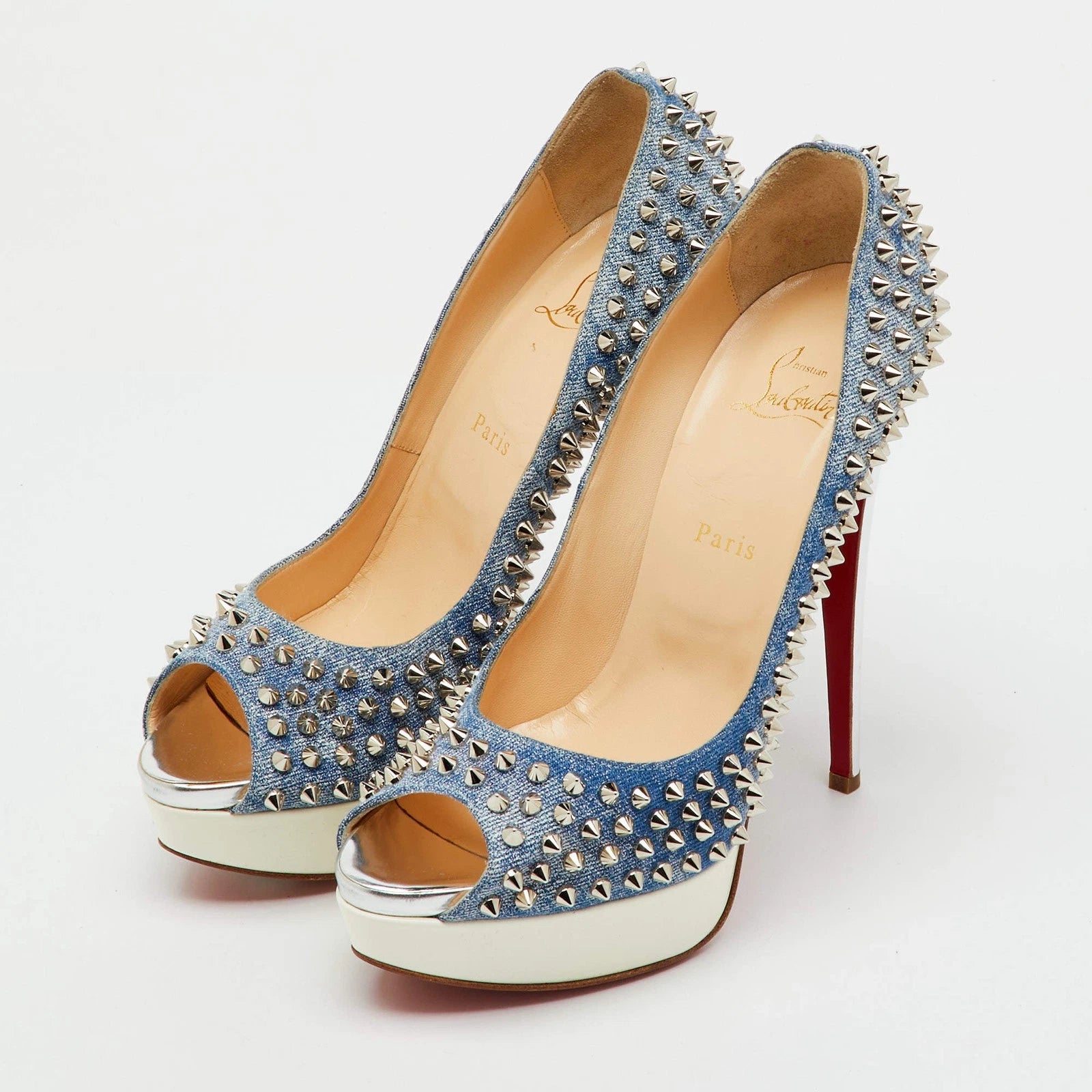 Christian Louboutin BlueWhite Denim Spikes Lady Peep Platform Pumps