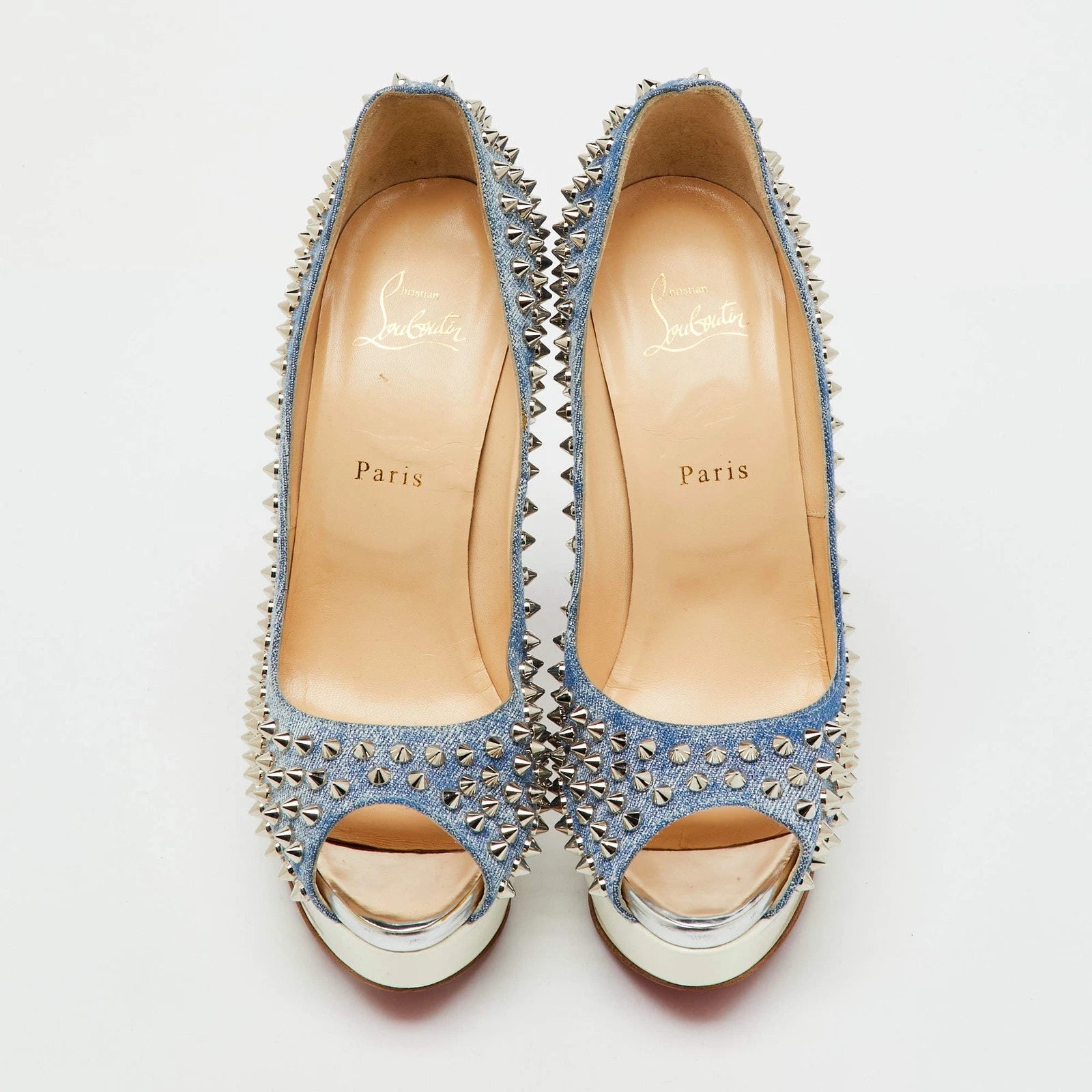 Christian Louboutin BlueWhite Denim Spikes Lady Peep Platform Pumps