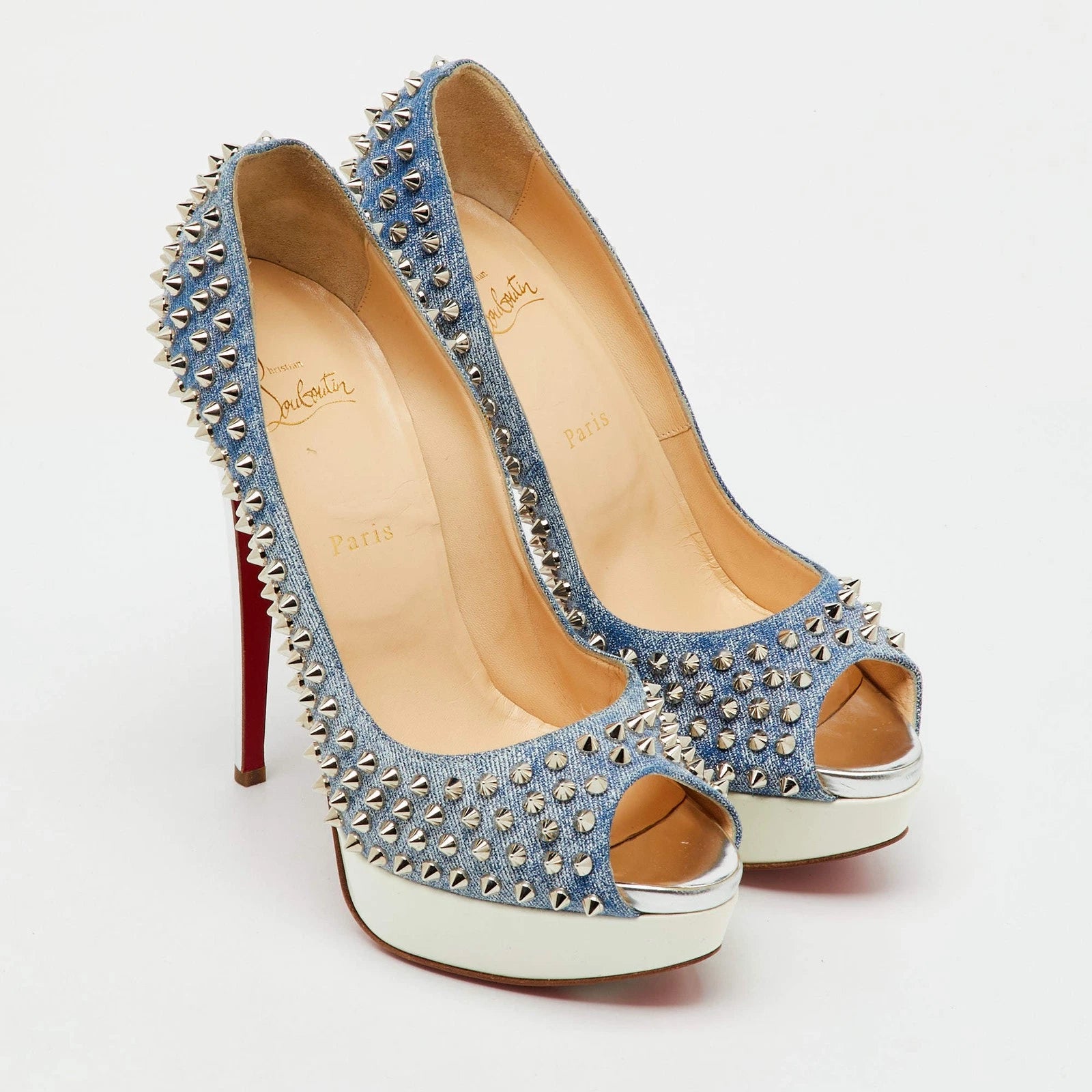 Christian Louboutin BlueWhite Denim Spikes Lady Peep Platform Pumps
