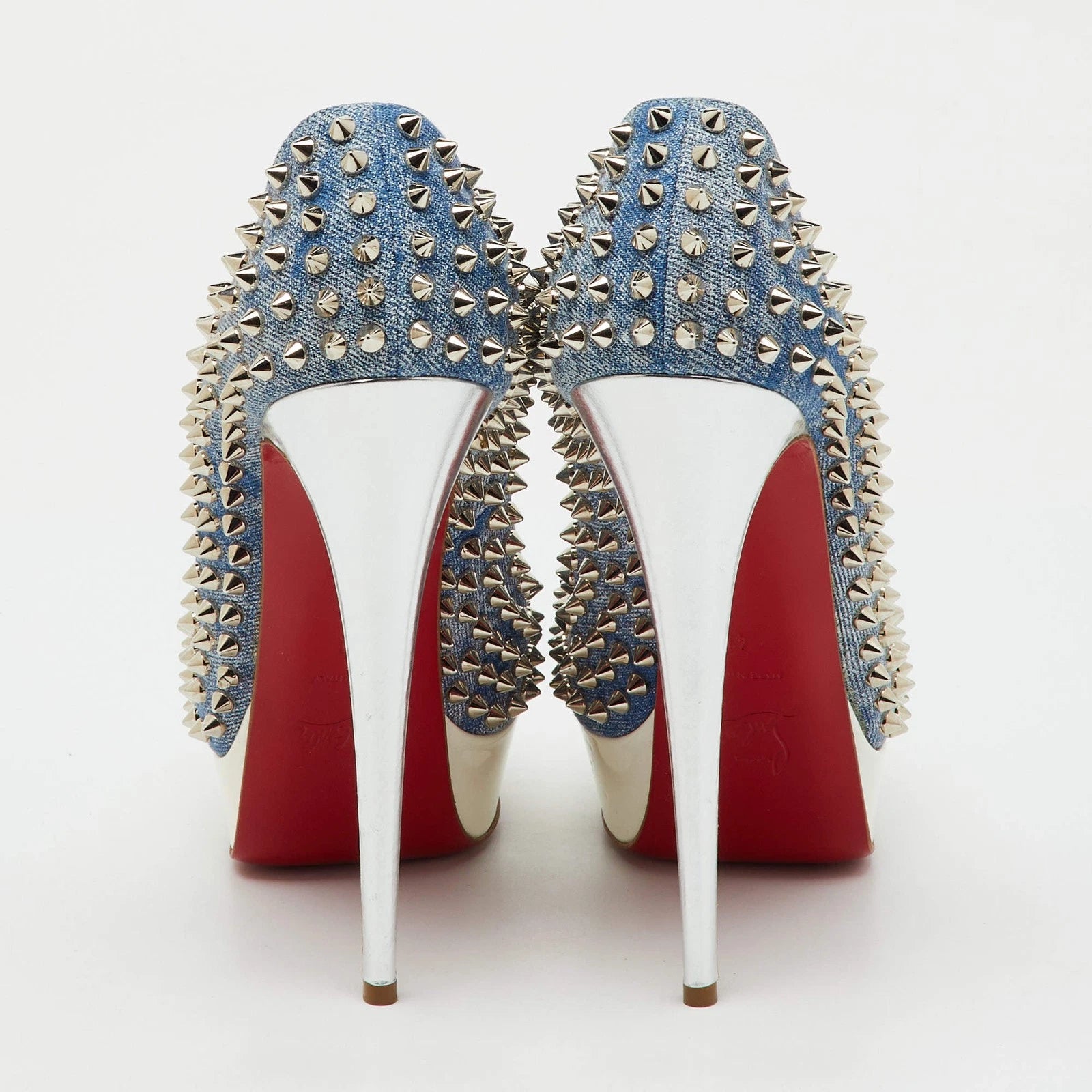 Christian Louboutin BlueWhite Denim Spikes Lady Peep Platform Pumps