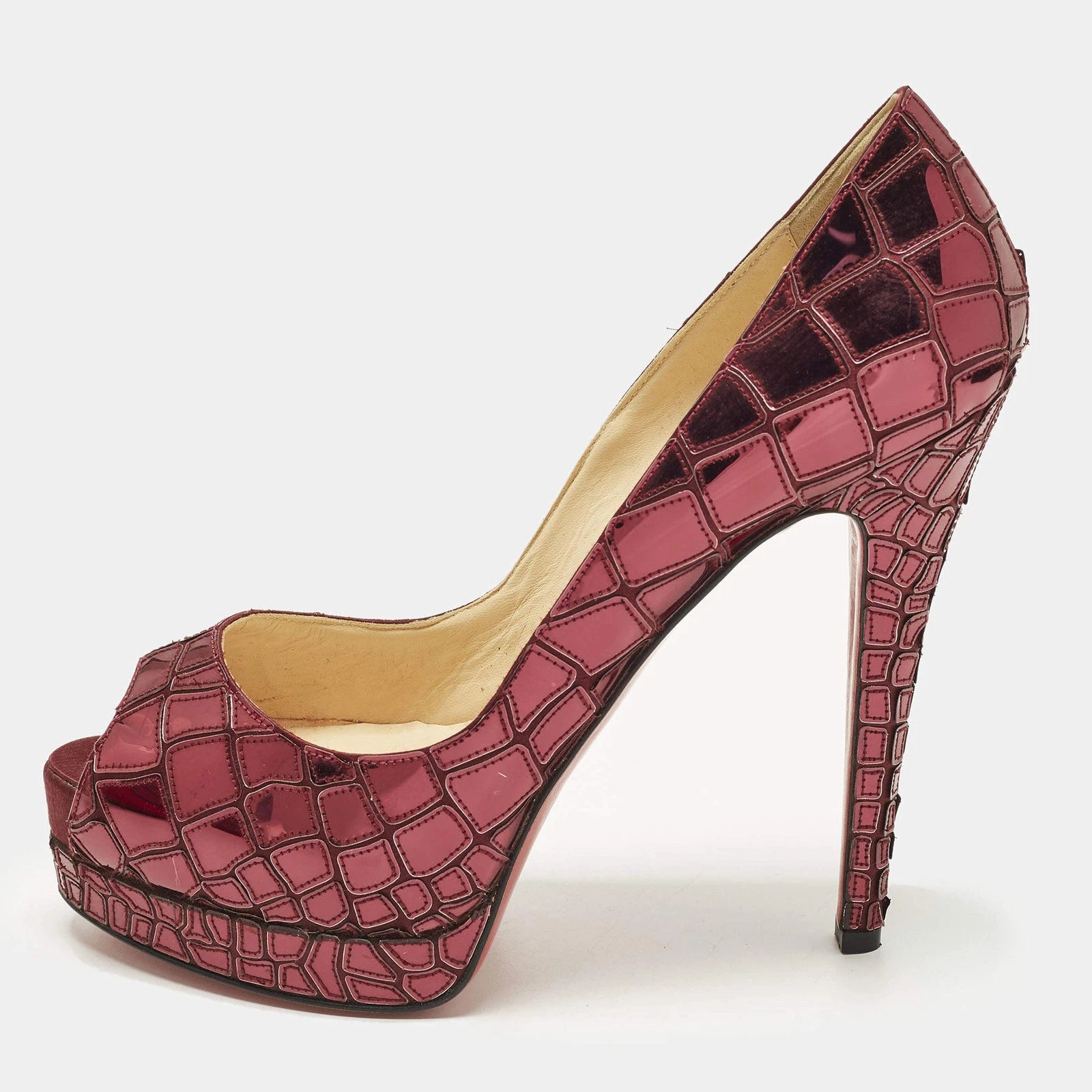 Christian Louboutin Sobek Purple Mirror Leather and Satin Peep Toe Pumps