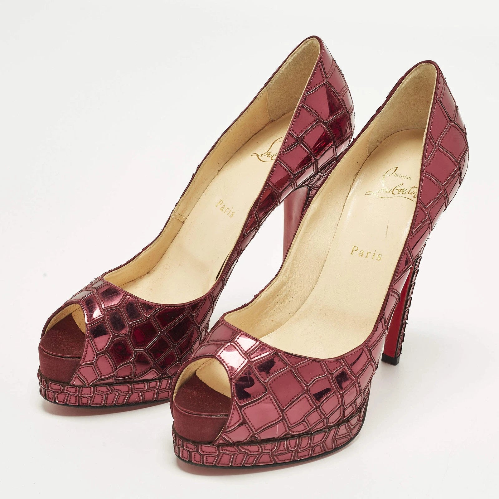 Christian Louboutin Sobek Purple Mirror Leather and Satin Peep Toe Pumps