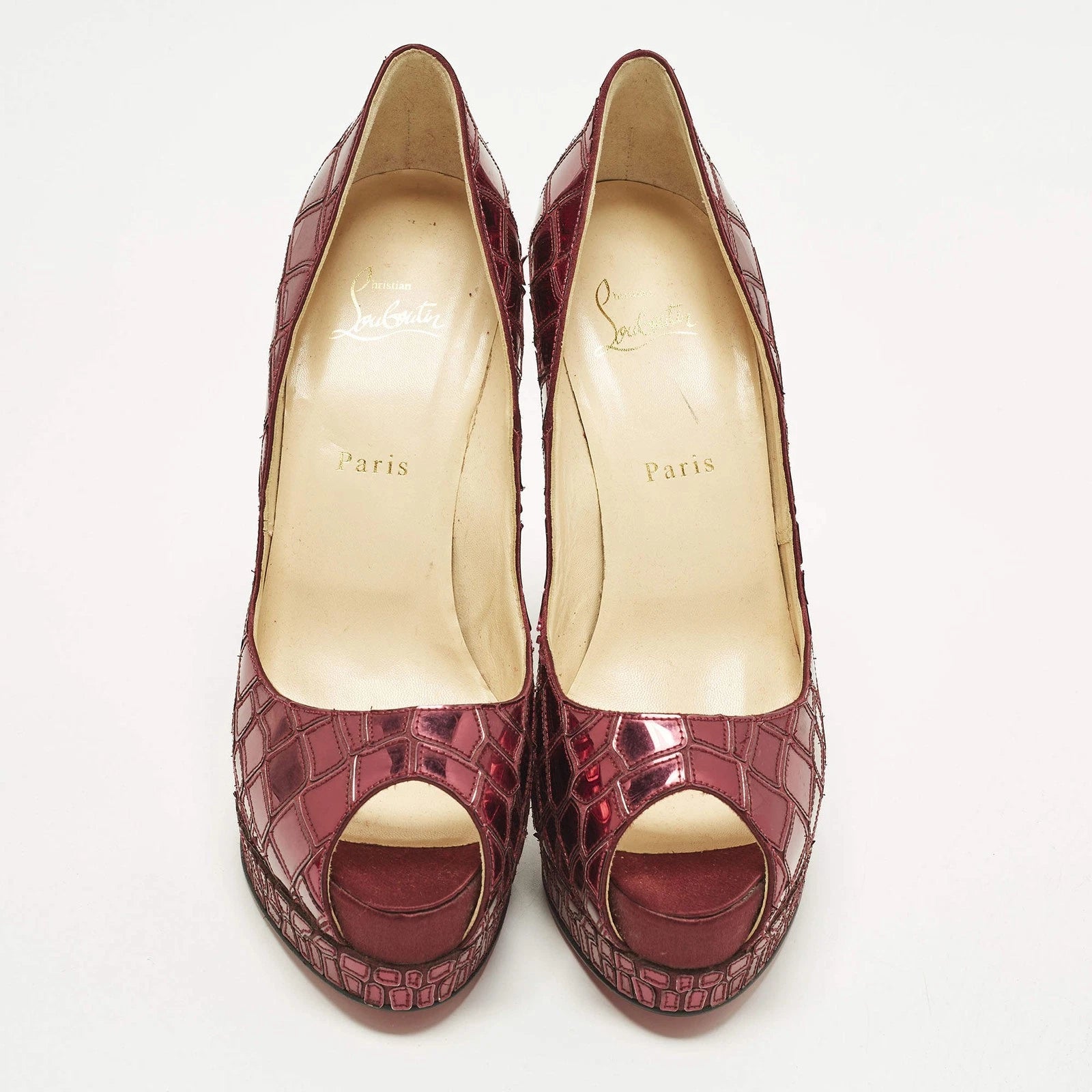 Christian Louboutin Sobek Purple Mirror Leather and Satin Peep Toe Pumps