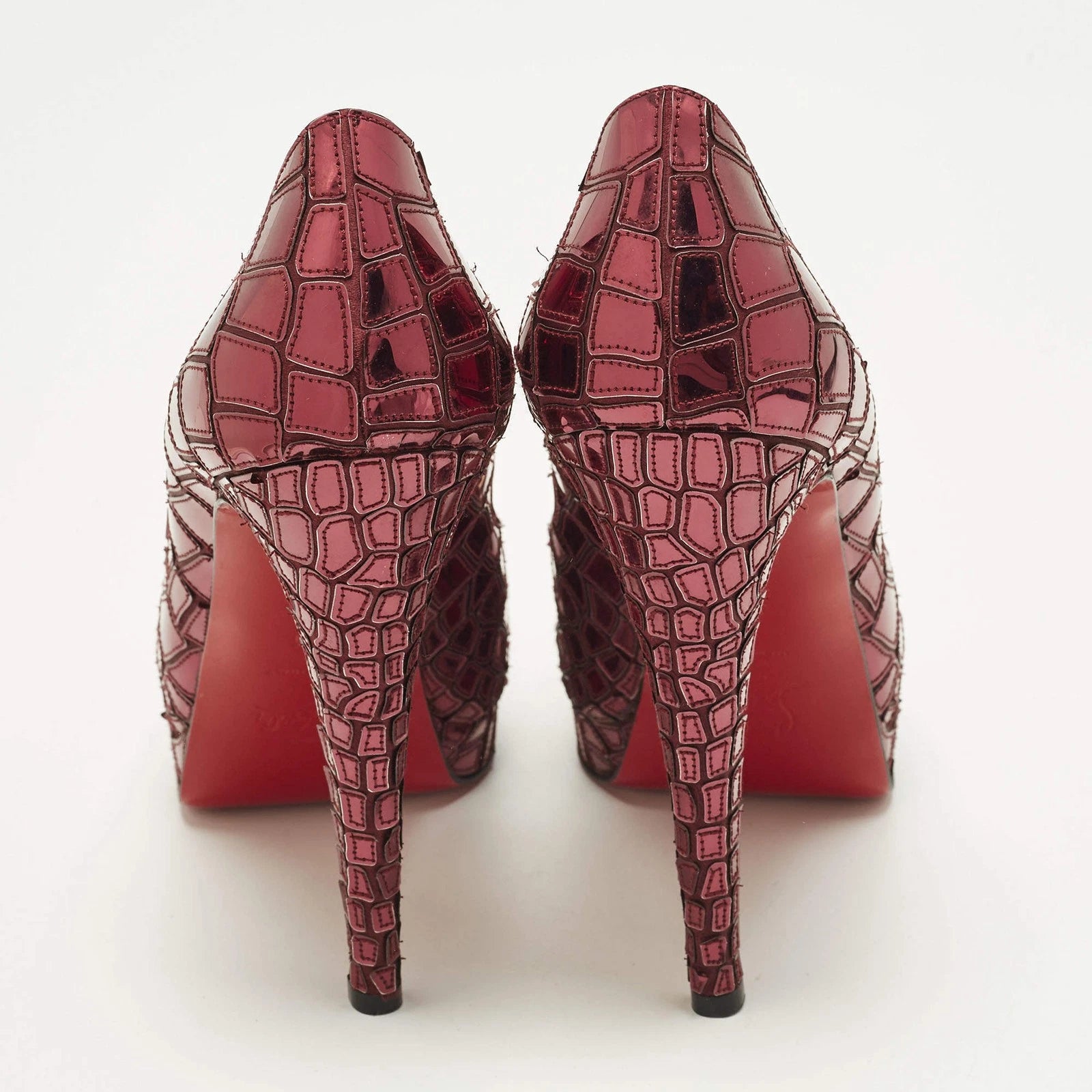 Christian Louboutin Sobek Purple Mirror Leather and Satin Peep Toe Pumps