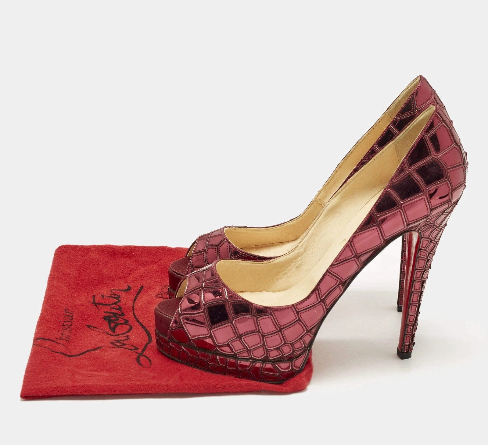 Christian Louboutin Sobek Purple Mirror Leather and Satin Peep Toe Pumps