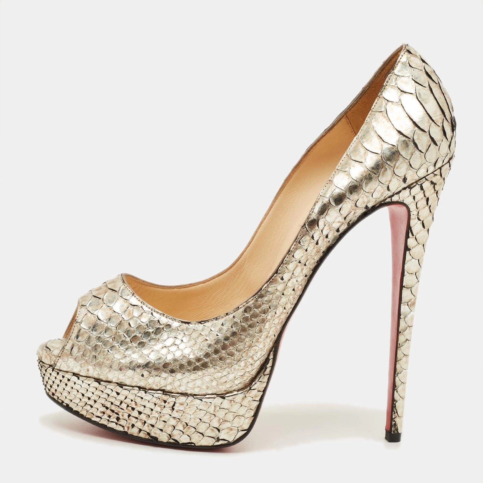 Christian Louboutin Lady Peep Silver Python Leather Peep Toe Pumps