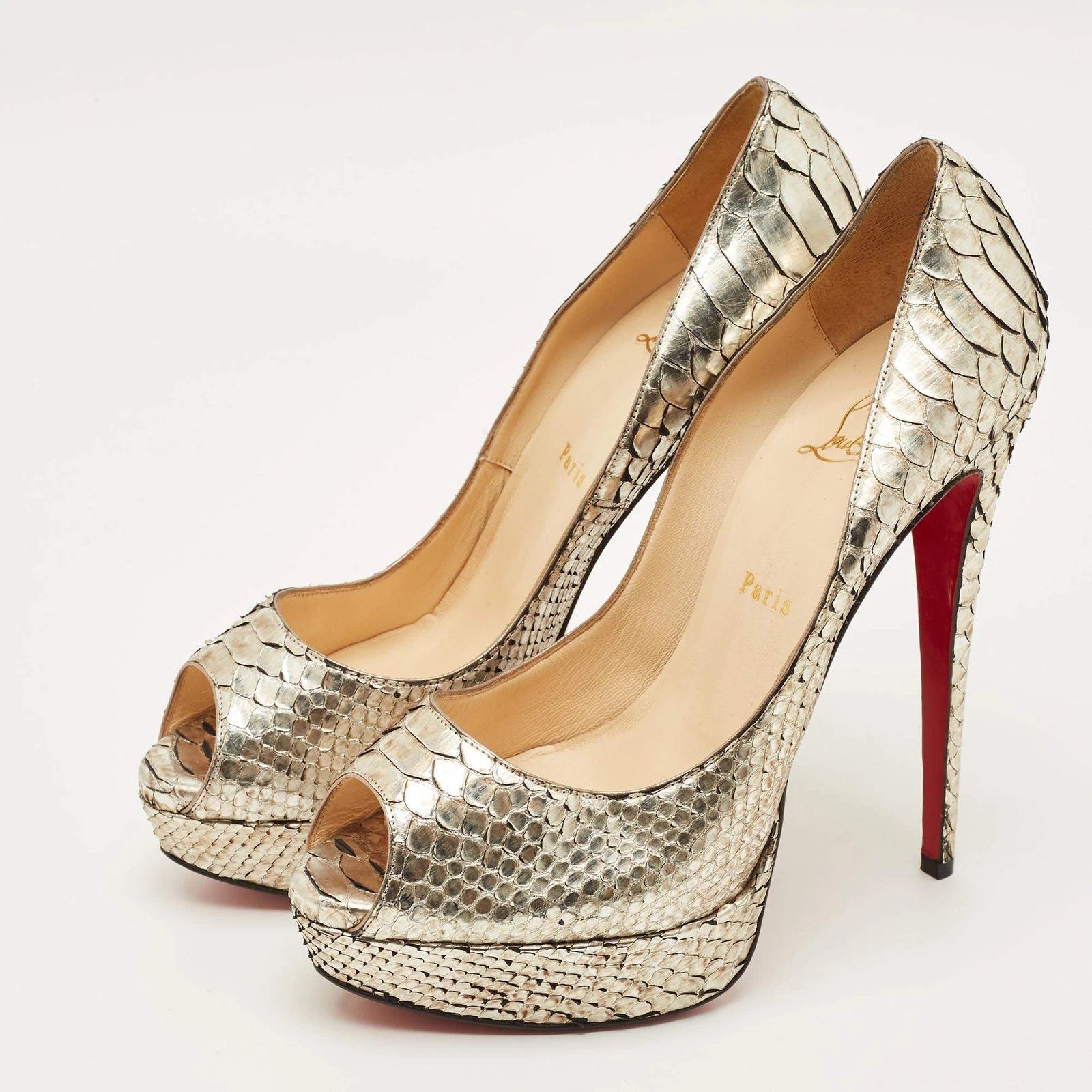 Christian Louboutin Lady Peep Silver Python Leather Peep Toe Pumps