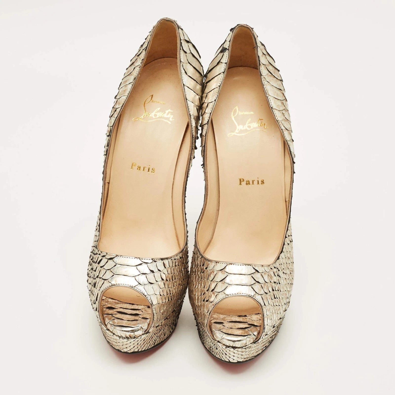 Christian Louboutin Lady Peep Silver Python Leather Peep Toe Pumps
