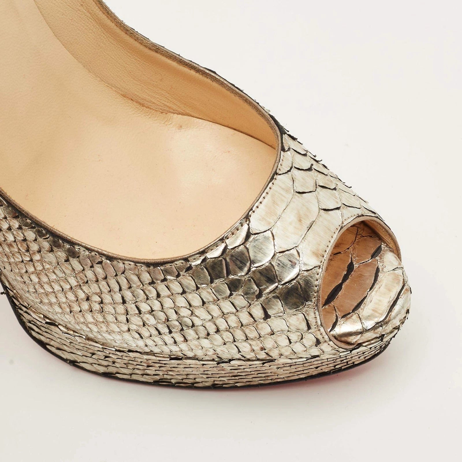 Christian Louboutin Lady Peep Silver Python Leather Peep Toe Pumps